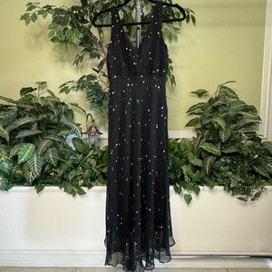 Black Polka Dot Silk Sleeveless Wavy Midi Party Dress